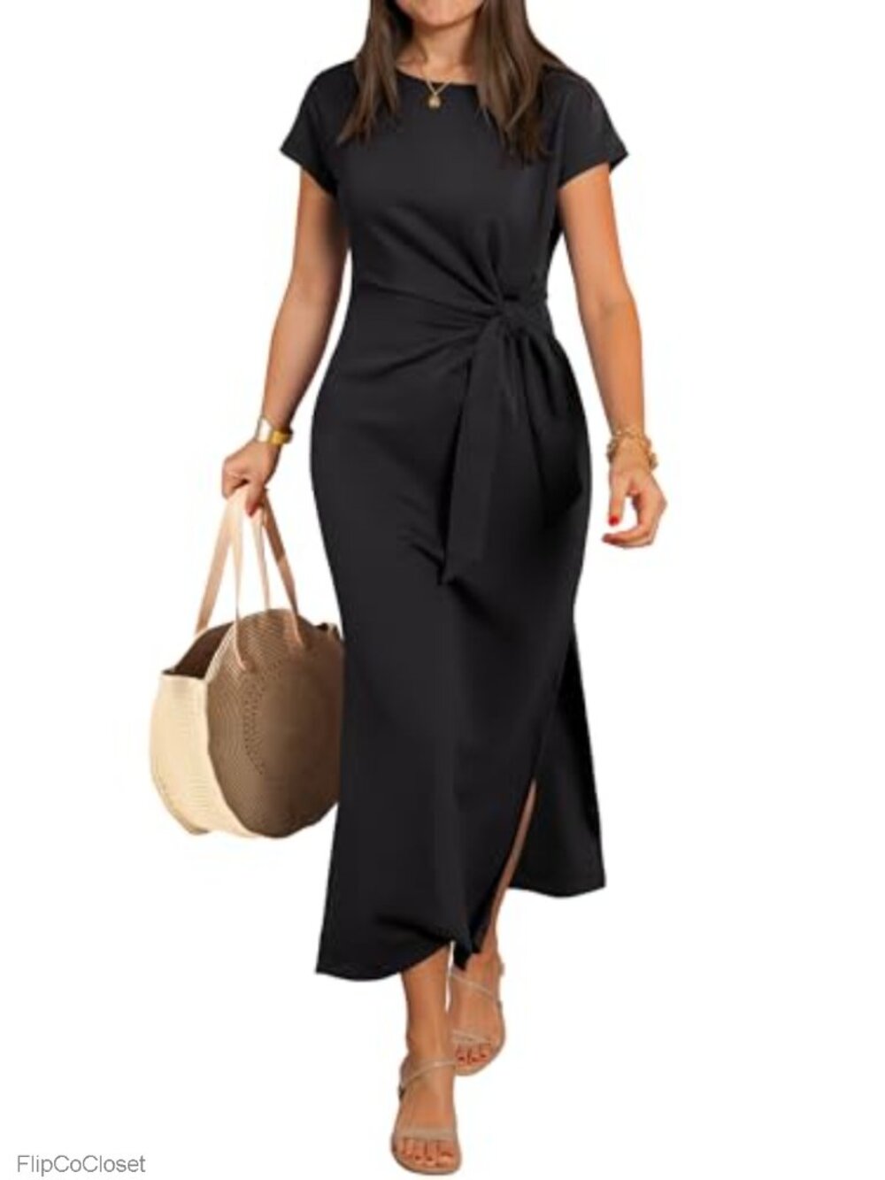 Women's Slim Fit Maxi Dress, Wrinkle-Free Tie Waist Short Sleeve Summer Casual
